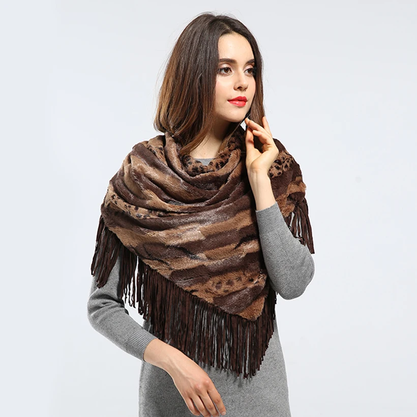 Новинка Вязаная Шаль из кроличьего меха женская мода треугольное меховое пончо