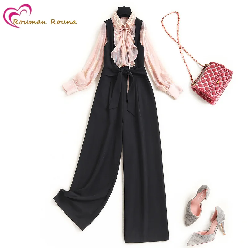 

Suspender Jumpsuit chiffon shirt two piece set 2021 autumn new women's fashion wide leg pants