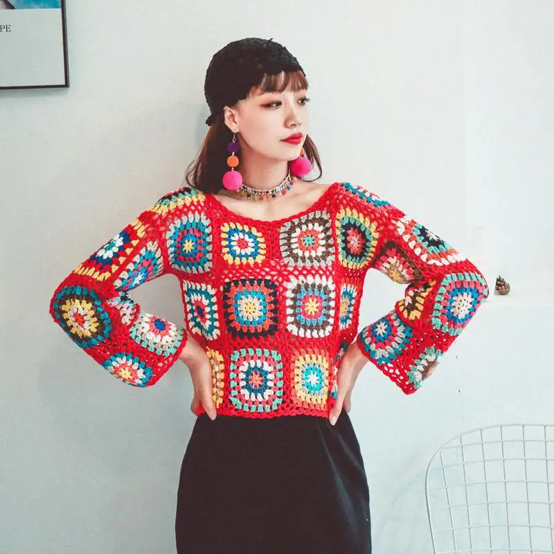 

Make original pure manual, big square hook flower rainbow long-sleeved sweater hollow out top three color