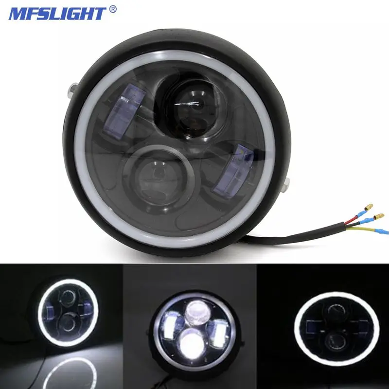6.5 Cafe Racer Motorcycle Headlight Bracket Angel Eyes Hi&ampLo Beam Headlamp Led Round Motor Head Lights Assembly |