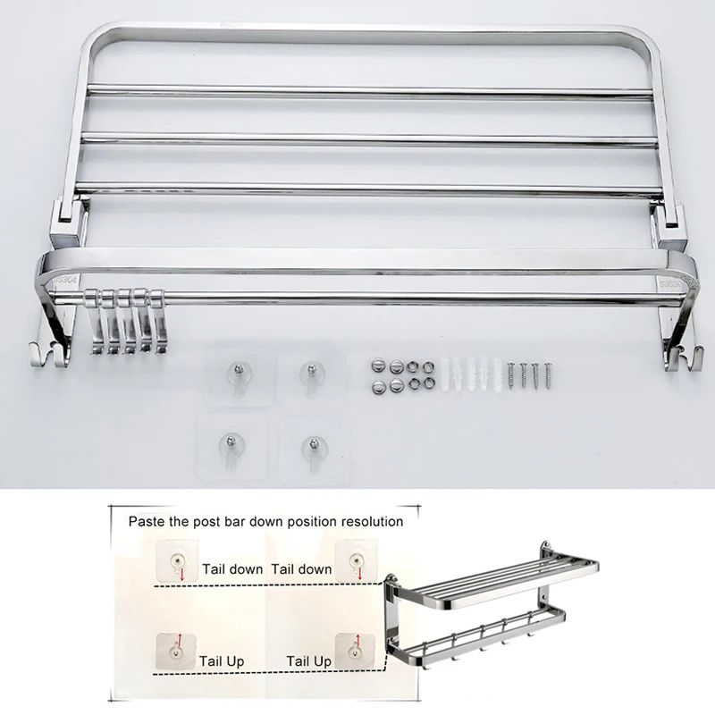 Полка для банных полотенец складная из нержавеющей стали без отверстий |