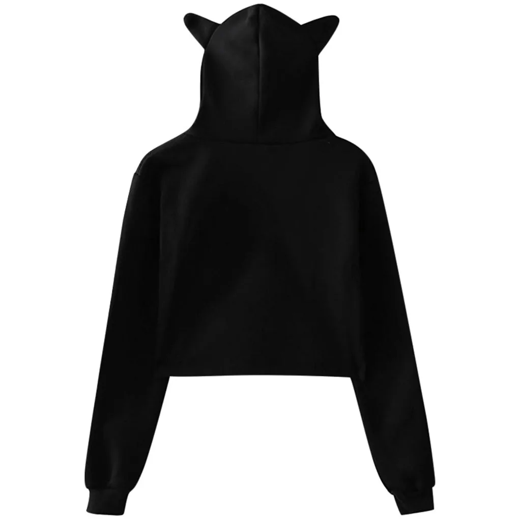 Милые свитшоты с кошачьими ушками женские короткие толстовки sudadera осенние женские пушистые шляпы с капюшоном пуловер Черный Белый kpop