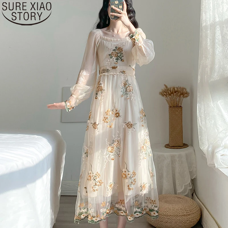 

Винтажное платье с длинным рукавом, французские платья с цветочной вышивкой, милые сетчатые платья с рукавами-фонариками, длинное платье с ...