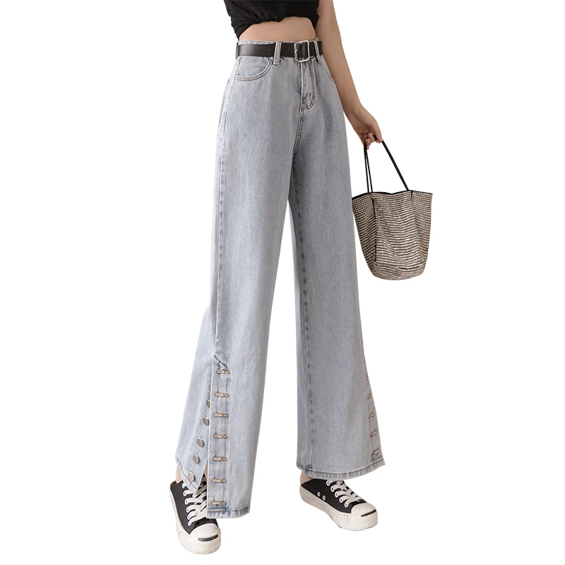 

Button Closed Hem High Waist Wide Leg Straight Loose Jeans for Women S M L XL