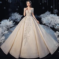 luxury ivory wedding dresses scoop collar short sleeve bling crystal beading cathedral train elegant princess bride dresses new