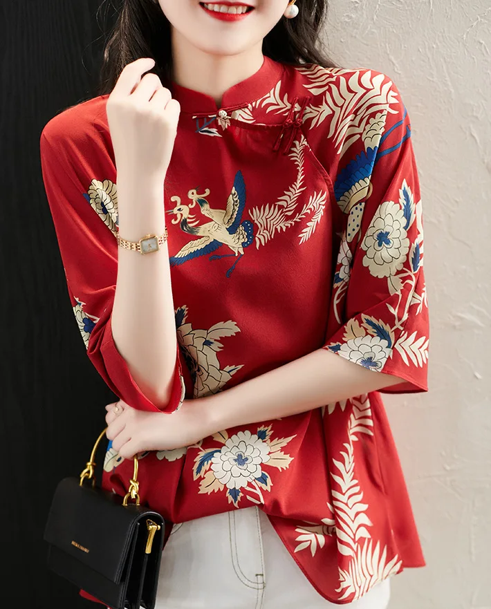 Red Vintage Blouse Women 2020 Chinese Style Loose Print Flower Ladies Tops Hand Button Mandarin Collar Blouses Shirt Haut Femme