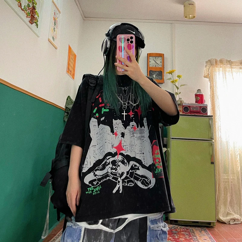 

Street hip hop retro cool neutral wash old print loose size short sleeve T-shirts BF men and women tees