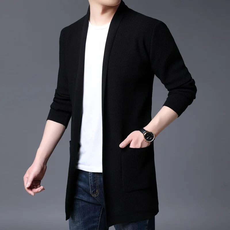 2021 new spring autumn men's knitted cardigan men's fashion casual mid-length solid color lapel sweater knitted coats S-XXXL