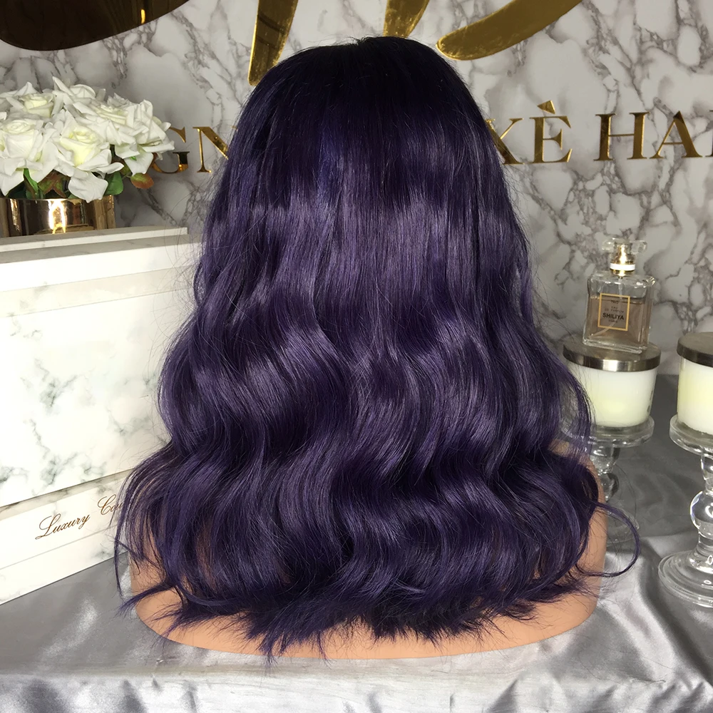 JRX волосы длинные натуральные волны темно фиолетовый цвет кружева передние