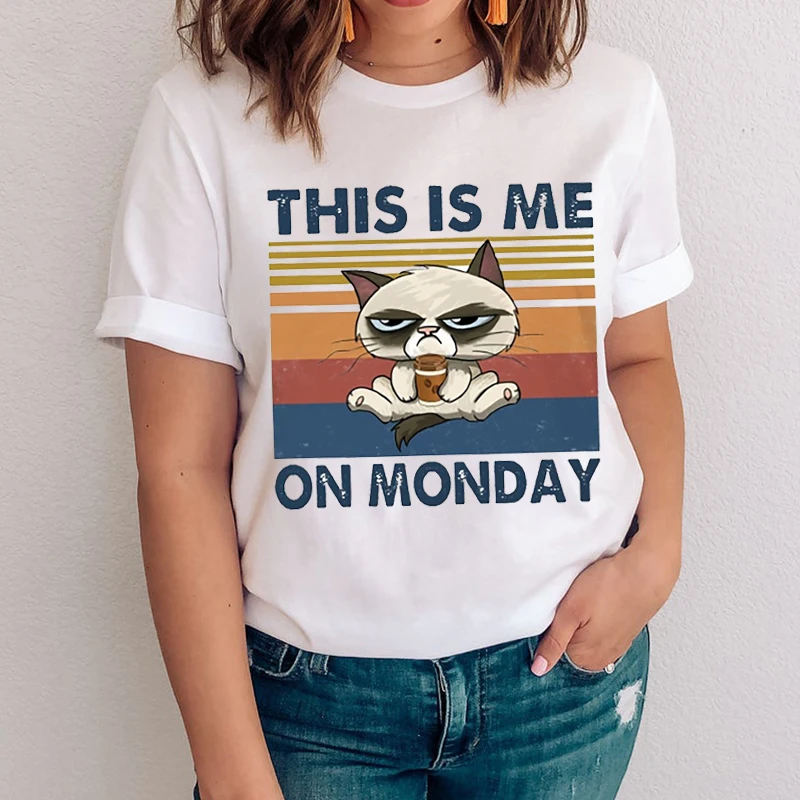 

Women Graphic Cute Pet Drinking Coffee Cartoon Lady Casual Funny Cat Clothes Tops Clothing Tees Print Female Tshirt T-Shirt