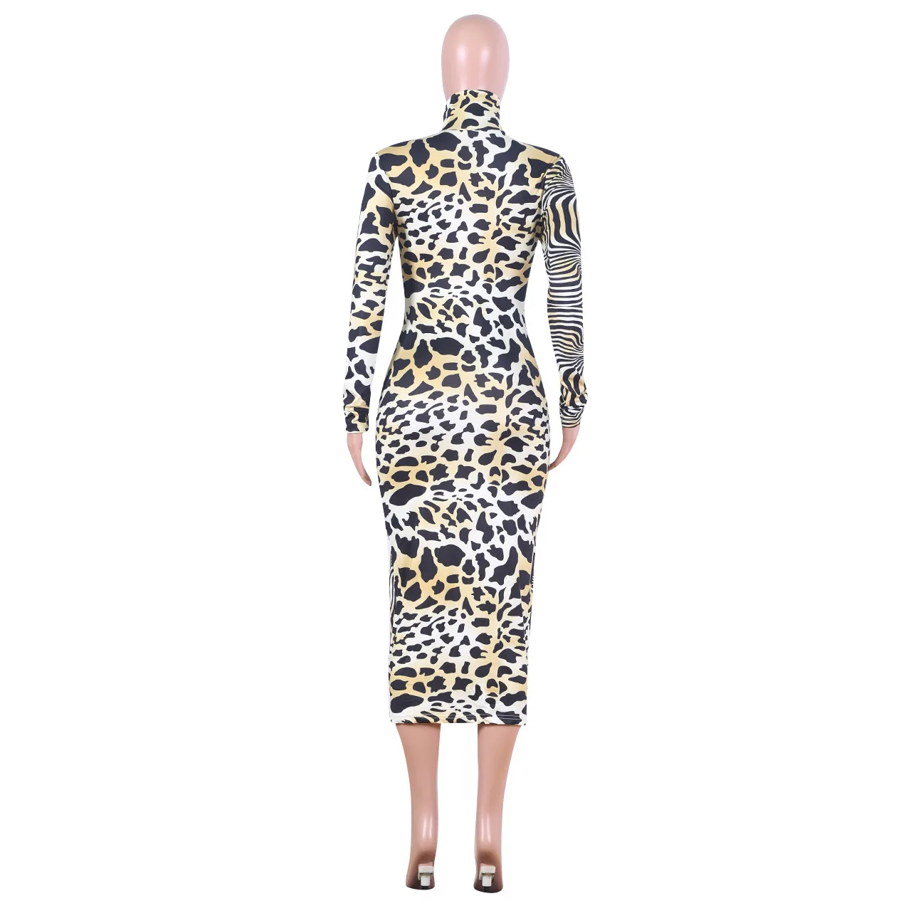 

Women Dresses Zebra Printed Sexy Maxi Dress High Neck Long Sleeve Skinny Package Hip Dress Plus Size Party Club Bandage Dress