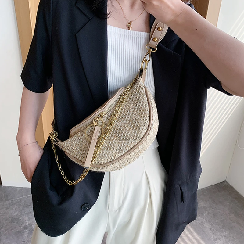 

Straw Beach Bag Chest Bag for Women 2021 Summer New Design Female Crossbody Bag Quality Bag Lady Chain Travel Chest Bag