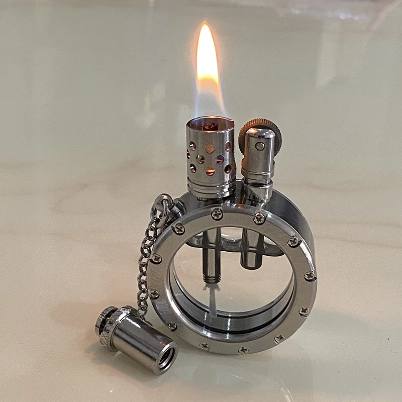 Hecho a mano de cobre puro mechero de queroseno transparente Visible tanque de aceite ronda colecci&oacute;n antigua de los hombres de fumar regalo-1