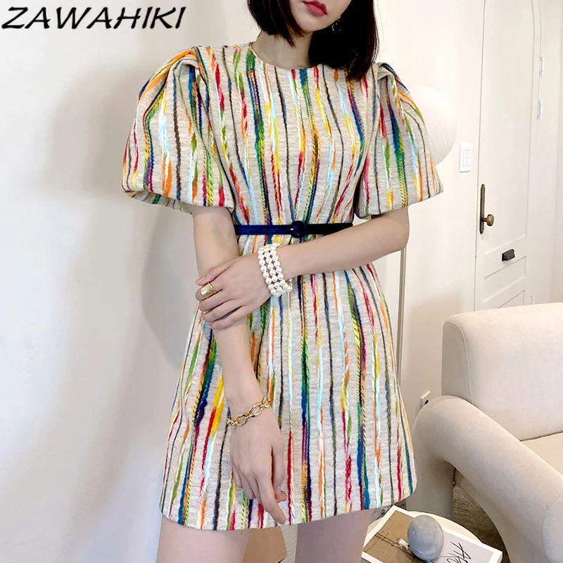 

ZAWAHIKI Women Mini Dresses Korean Autumn Elegant Round Neck Vestido De Mujer Contrast Color Puff Short Sleeve Dress with Belt