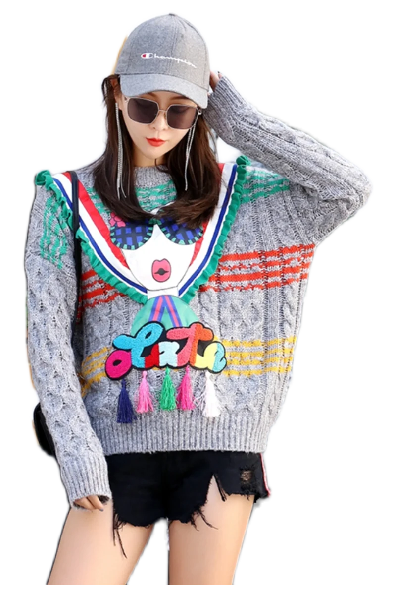 

Thailand tide brand autumn and winter new ladies sweater thick patch sequins lazy cartoon pullover loose sweater