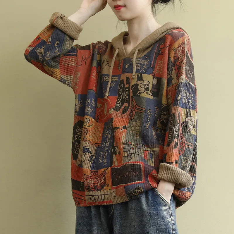 

Женский свободный свитер в стиле ретро с длинным рукавом и капюшоном