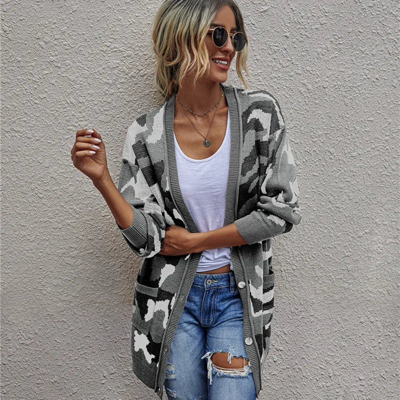 

New Arrival Vintage Women Cardigans 2020 Autumn Print Pockets Single Breasted Loose Sweater