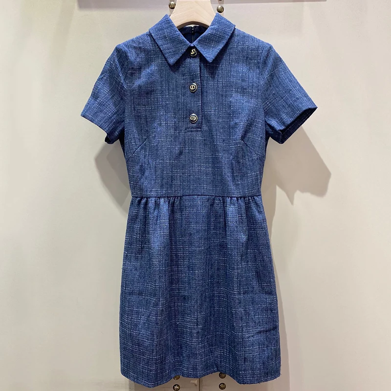 

Women Short Sleeve Pockets Single-breasted Irregular Hem Knee-length Loose Dress Polyester Jeans Women Summer Dress
