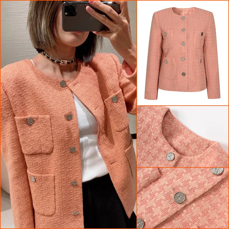 

c Family 2021 Autumn and Winter New Grapefruit Color Small Fragrance Celebrity Wind Tweed Coat Small Short Woolen Top