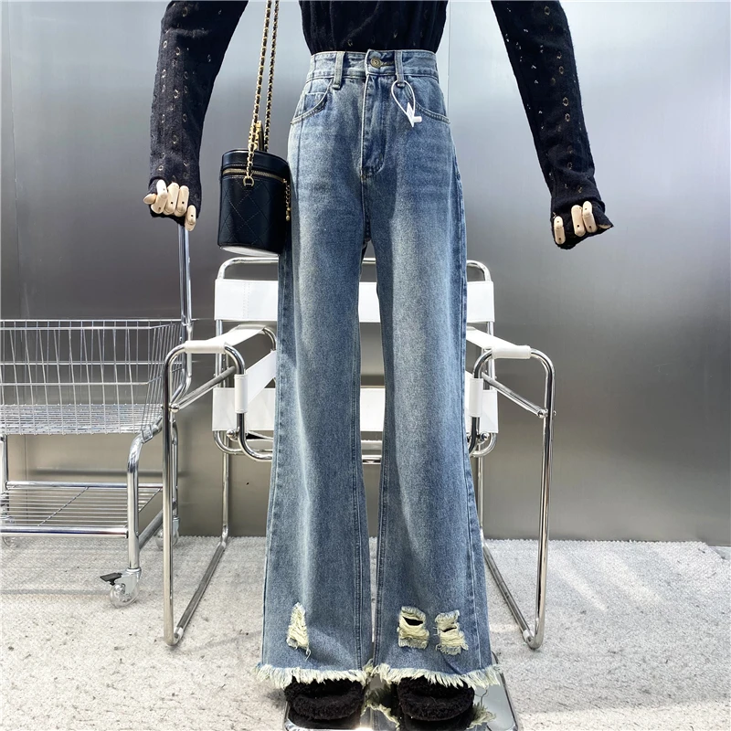 

Новинка 2021 модные прямые джинсы в иностранном стиле с высокой талией с плюшевой шваброй и кисточками индивидуальные штаны с дырками и широк...