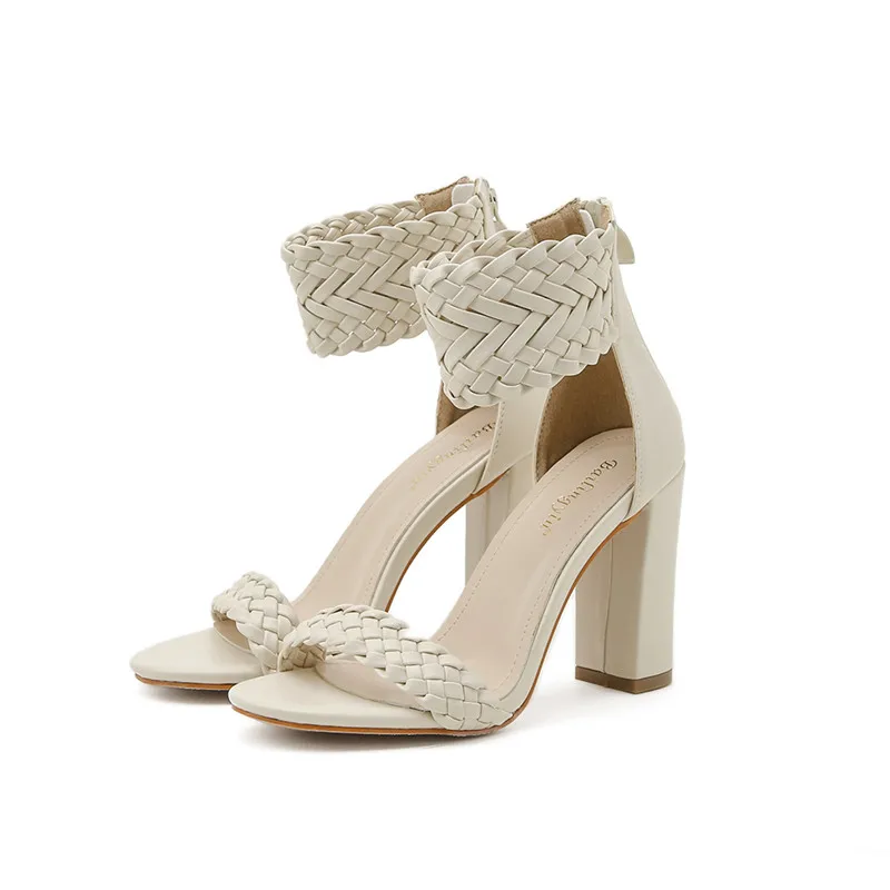 

Summer Platform High Heels Open Toe Women's Sandals Woven Ankle Straps Zip Shoes Females Black Beige Thick Heel Sandals Ladies