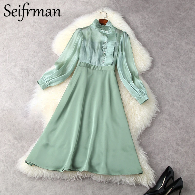 

Seifrmann New 2021 Summer Women Fashion Runway Party Midi Dress Lantern Sleeve Single Breasted Ruffles Solid Printed Dresses