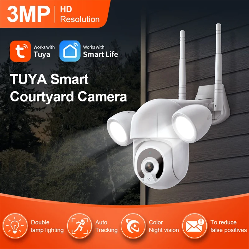 

Умная Wi-Fi PTZ IP-камера 3MP Tuya 1080P HD наружная беспроводная камера обнаружения людей Домашняя безопасность ИК Ночное Видение CMOS светодиодный свет...