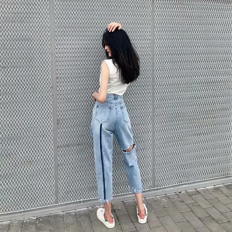 

Summer Autumn Women's Big Fat Mm High Waist Jeans Loose Straight Daddy Wide Leg Pants with Holes Show Thin Chic Cropped Pants