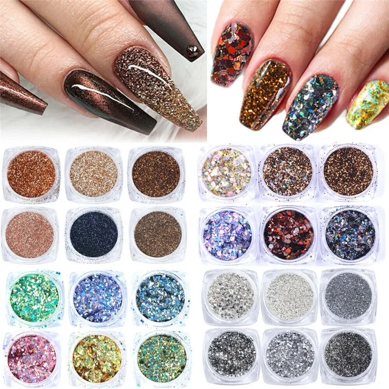 

Black 6pcs/set Silver Shiny Glitter Sequins Glitter Powder Nail Art Decor DIY