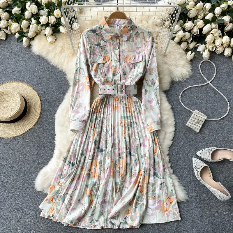 

Women Retro Print Pleated Dress Turn-down Collar Long Sleeve Belt A-line Dresses Autumn Bohemian Vacation Midi Dress