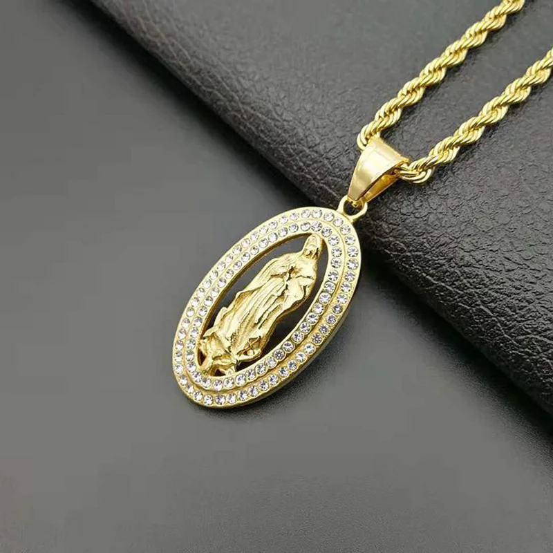 В стиле хип-хоп Bling льдом Стразы Золотой Цвет нержавеющая сталь Девы Марии