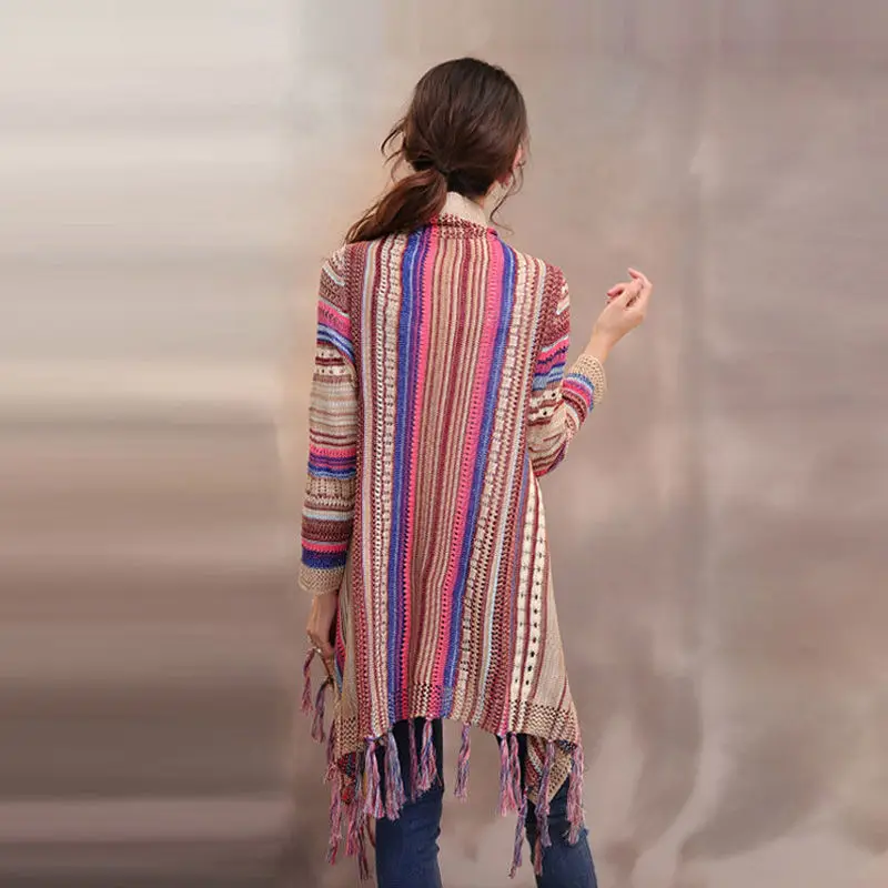 Женский вязаный облегающий свитер с кисточками пончо повседневный полосатый