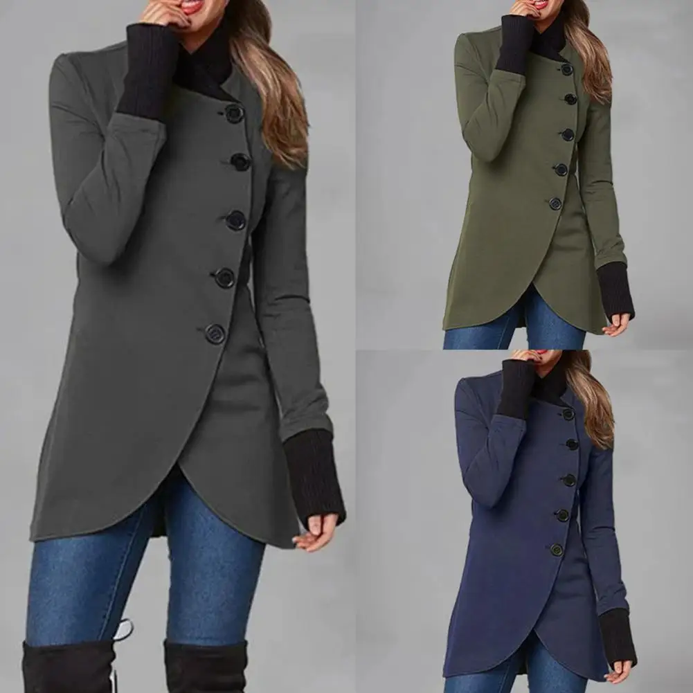 

Женское однотонное пальто с воротником-стойкой, длинным рукавом и асимметричным подолом, однобортный приталенный трендовый длинный жакет, ...