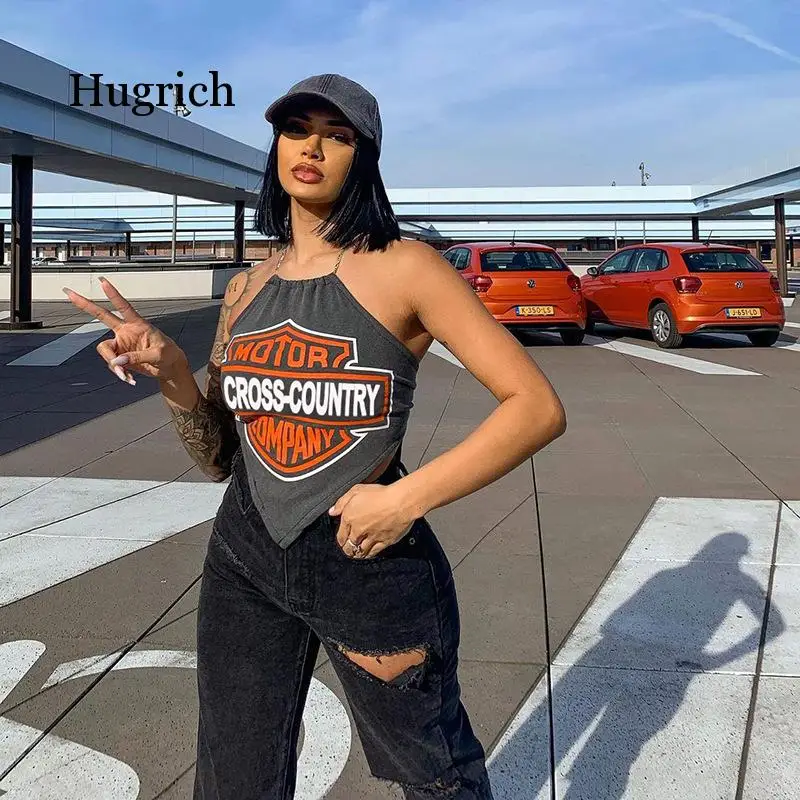 

2021 Summer New Women's High Street Wear Letter Printing Hanging Neck Open Back Bandage Slim Top for Women
