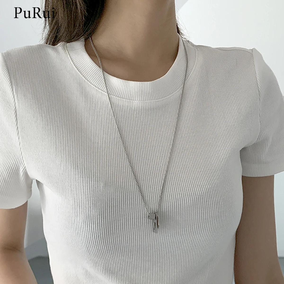

PuRui Hip Hop Long Stainless Steel Chain with Geometry Pendant Necklace for Women Silver Color FashionNecklace 2021 Neck Jewelry