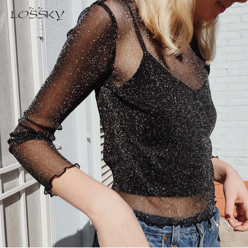 Lossky футболки Короткие топы женские Vogue белые сексуальные короткие прозрачные