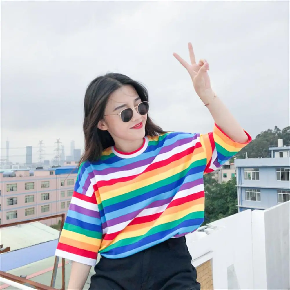 Горячая Футболка женская Радужная полосатая футболка 2019 летняя Корейская