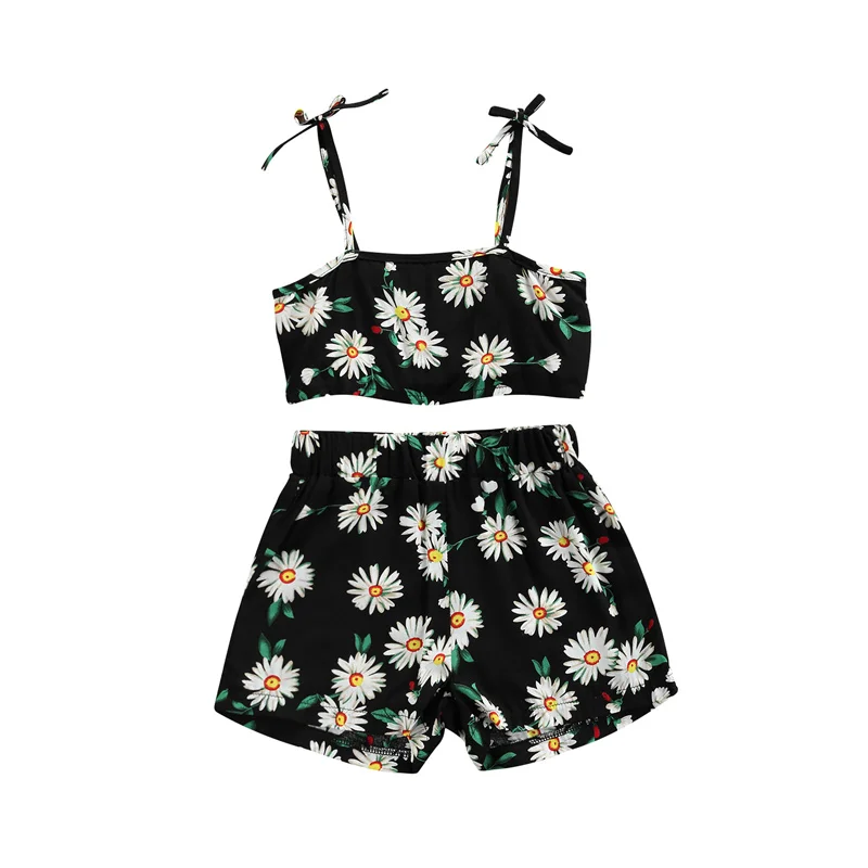 

2021 2-8Years kids Girl\u2019s Summer Two Piece Set Fashion Little Daisy Printed Bow Suspender Tops and Elastic Shorts