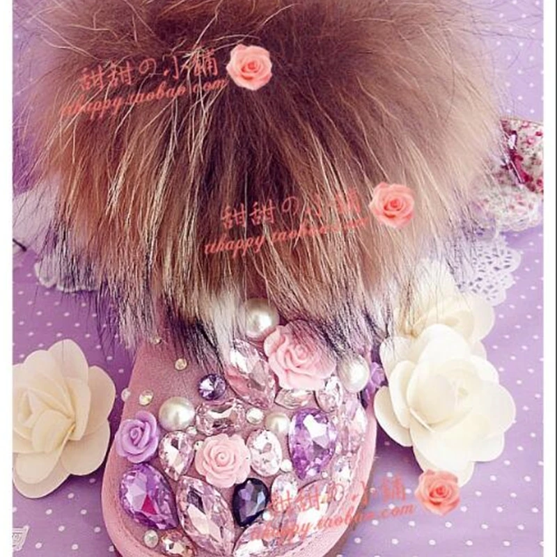 

Beautiful romantic gem flower rabbit fur fox fur snow boots rhinestone full diamond leather snow boots