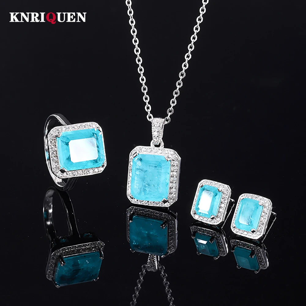 

Luxury 100% 925 Sterling Silver Paraiba Tourmaline Necklace Pendant Earrings Ring Gift for Women Wedding Party Fine Jewelry Set