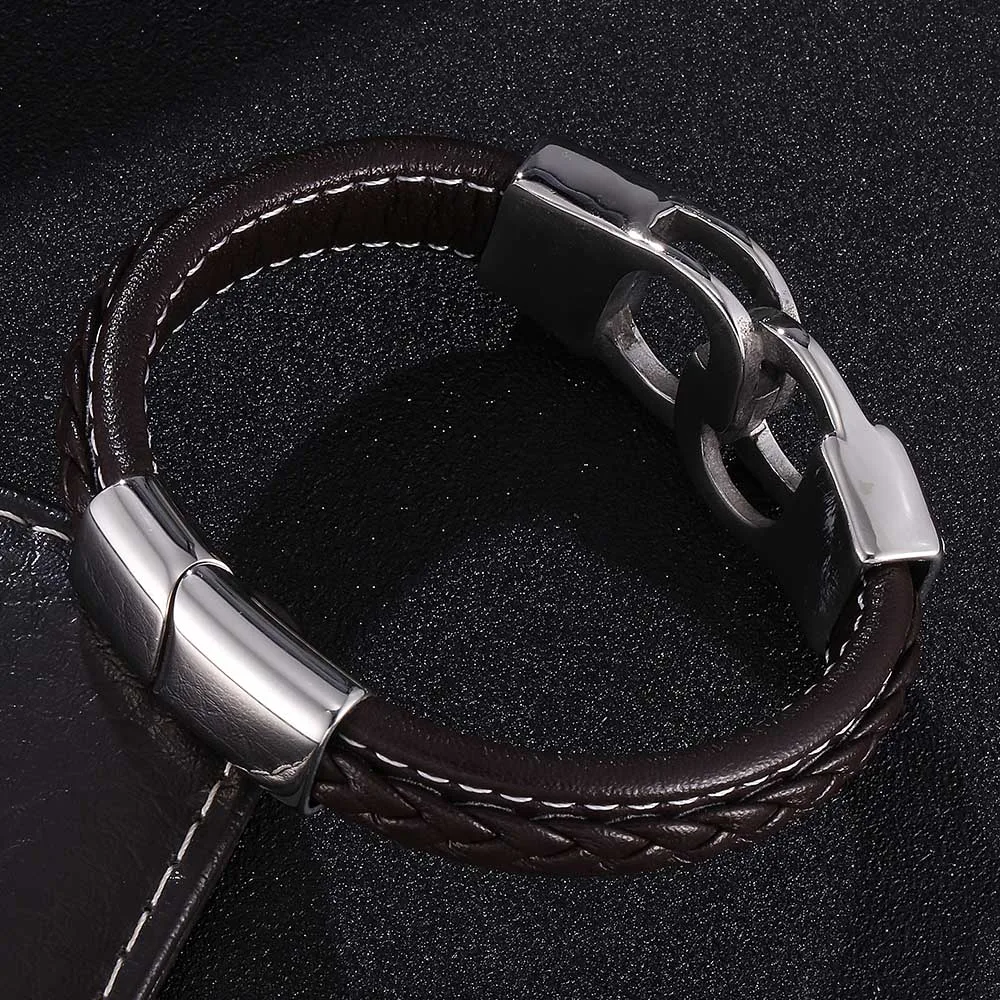 

Punk Men Bangles Brown Braided Leather Bracelet Handcuffs Stainless Steel Magnetic Clasp Jewelry Wristband Gifts BB0740