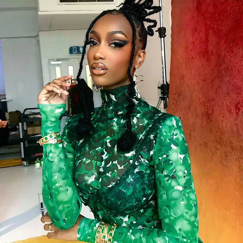 

Women Shirts Autumn New Long Sleeve High Collar See Through Look Irregular Cut Sexy Slim Fashion Green Printed Women Top