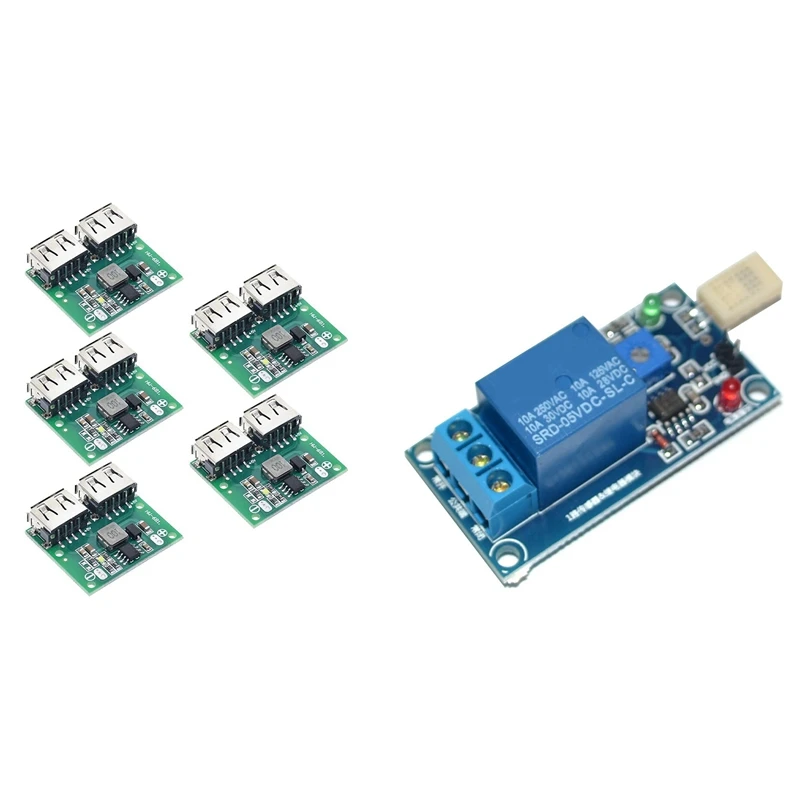 

5 шт. USB DC-DC регулятор напряжения понижающий модуль питания зарядного устройства и 1x T9 DC5V чувствительный к влажности релейный модуль переклю...
