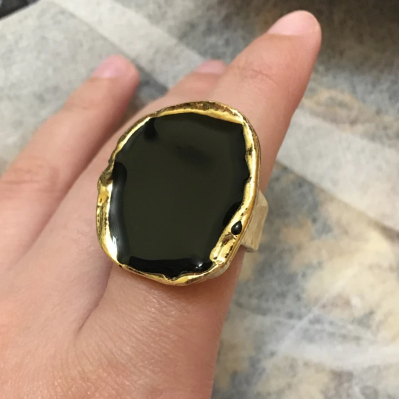 

Bohemian Big Black Stone Decoration Gold Metal Ring for Women Men Unisex Dripping Oil Big Joint Ring Jewelry