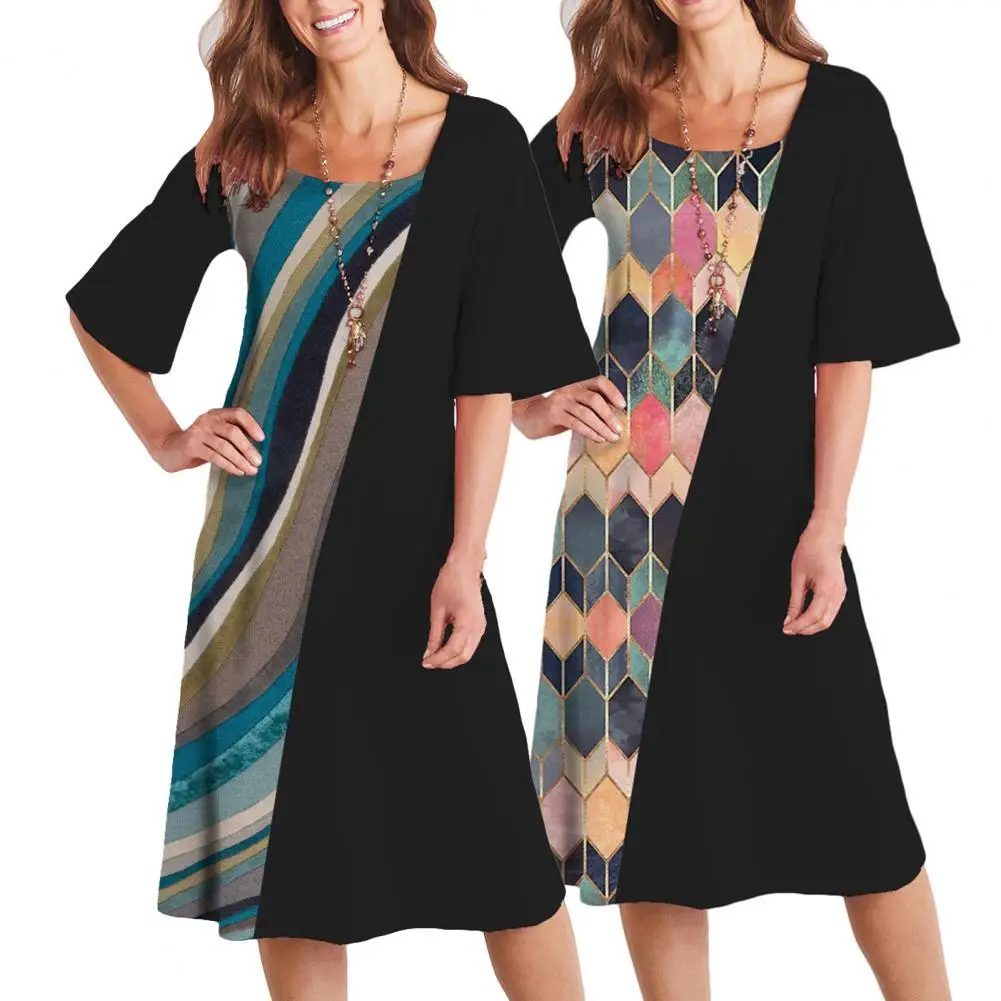 

Women Sexy O-Neck Diamond Printing Short Sleeve Loose Casual Dresses Vestido Summer Ladies Party Dress Vestidos 2021 New Fashion