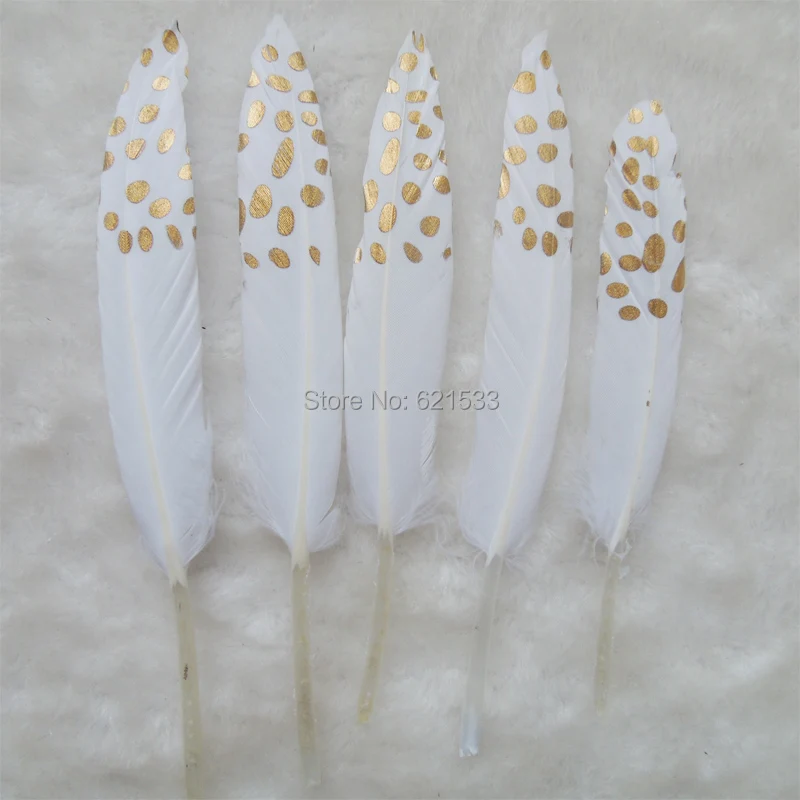 

White Duck Cocottes Feathers with Gold dots Painted,Dots Painted craft feathers,Perfect for Millinery,50pcs/lot