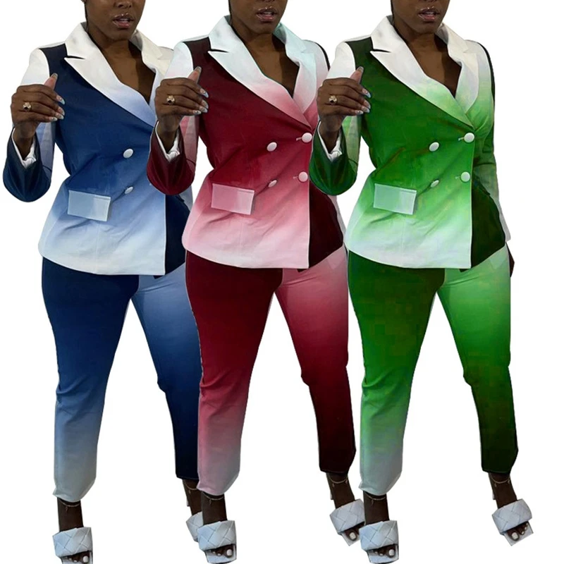 

Gradient Printed Office Lady Two Piece Set Autumn Long Sleeve Turn Down Top Button Up Top And Long Skinny Trousers Fashion Suit