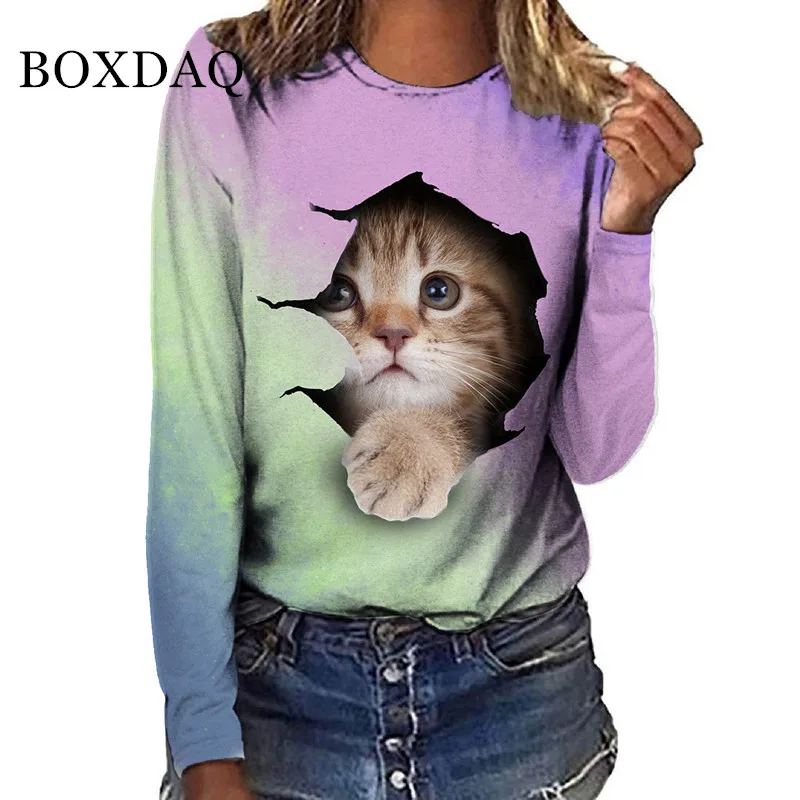 

Women Clothes Autumn Casual Tops Fashion Funny T-shirt Vintage Kawaii Long Sleeve Tee Shirt Y2K Cat Print Ladies Harajuku Tops
