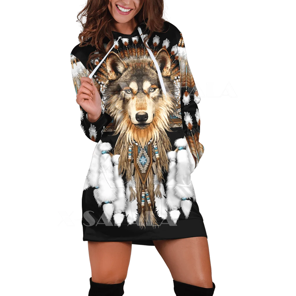

Native Wolf Feather New Harajuku Novelty 3D Print Autumn Hoodies Dress Women Underdress Casual Wear Long Sleeve Hooded Dress