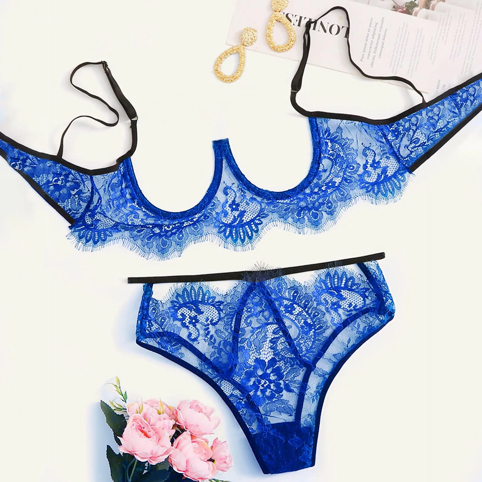 

Lace Lingerie Set Sexy Lenceria For Women Underwear Hollow Out Adjusted-straps Bra With Transparent Brief Women Underwear